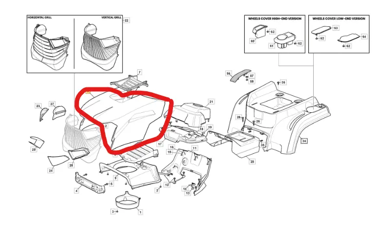 Capot moteur (rouge foncé) Colombia 84cm 3250770140, 325077014/0