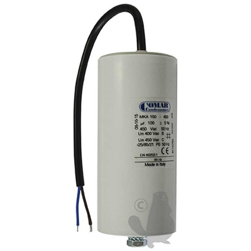 [240-5933] Condensateur électrique universel plastic 100 uf - Fixation M8 diam : 57 mm H: 137 mm, 2405933, 240-5933