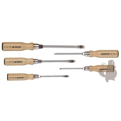 [920-8412] Jeu de 5 tournevis manche bois- avec épaulement hexagonal Lame traversante bois vernis et capucho, 9208412, 920-8412