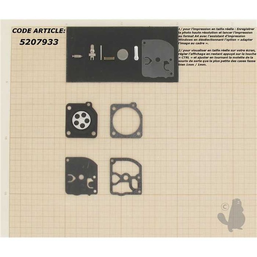 [RB-9] Kit réparation adaptable pour carburateur monté sur ECHO CS332. Remplace origine: RB-9, 530-7933, 5307933