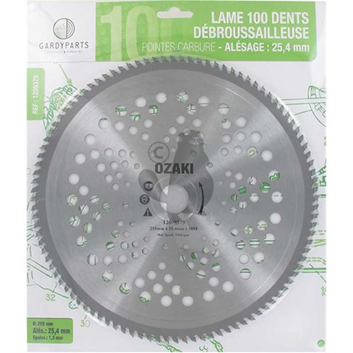 [120-9379] Lame de débroussailleuse 100 dents carbure diam : 255 mm x 25.4 mm x 1 3 mm avec couteaux affutés s, 1209379, 120-9379